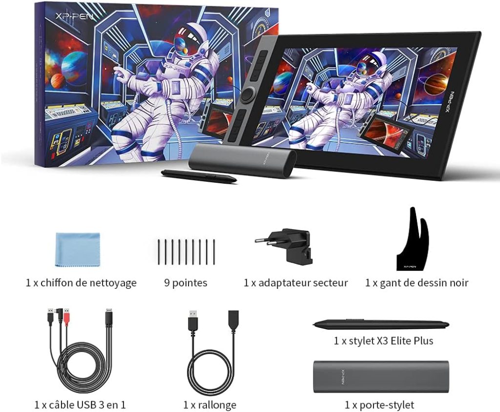 De nombreux accessoires accompagnent la tablette graphique XP-Pen Artist Pro 16.