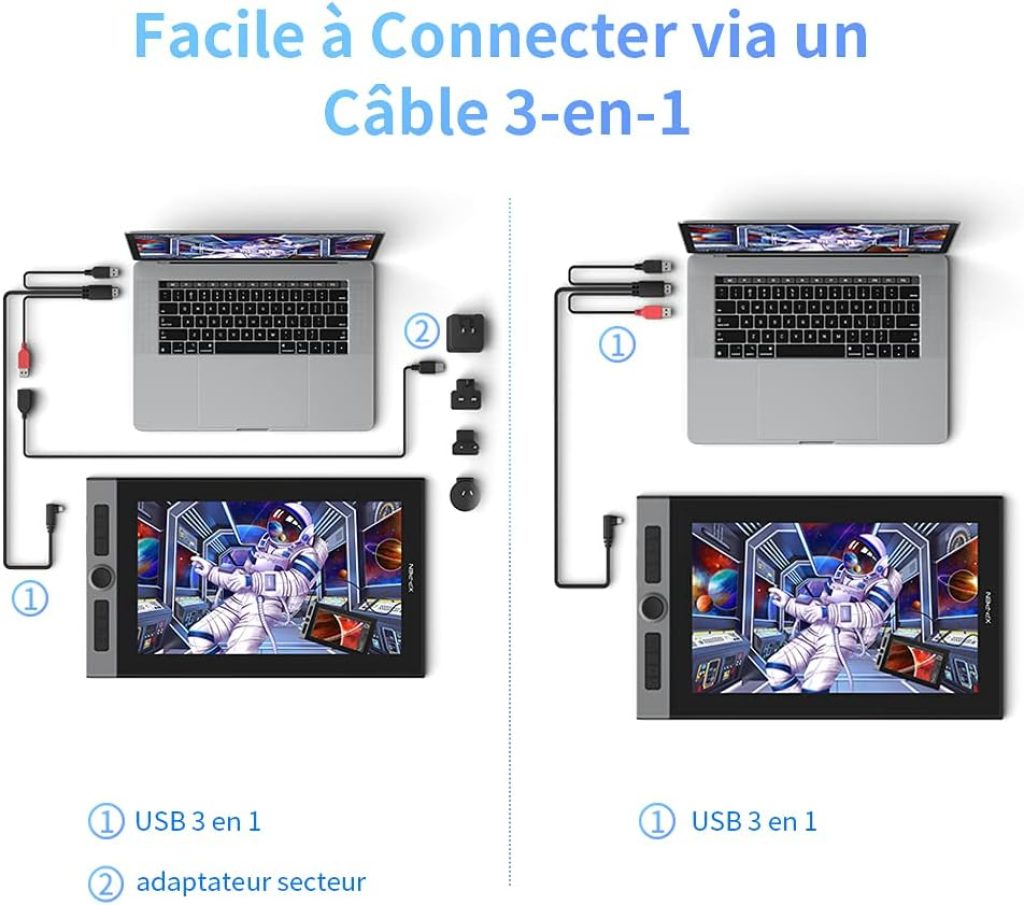 XP-Pen Artist Pro 16 permet de se connecter facilement à son ordinateur. Une rallonge est incluse dans la boîte pour faciliter la connexion.