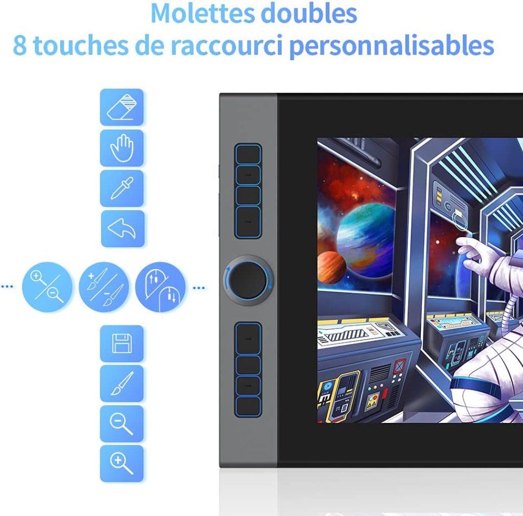 La XP-Pen Artist Pro 16 offre 8 boutons de raccourci et une molette, ajustables pour gauchers et droitiers, facilitant leur utilisation sans détourner le regard de l'écran.